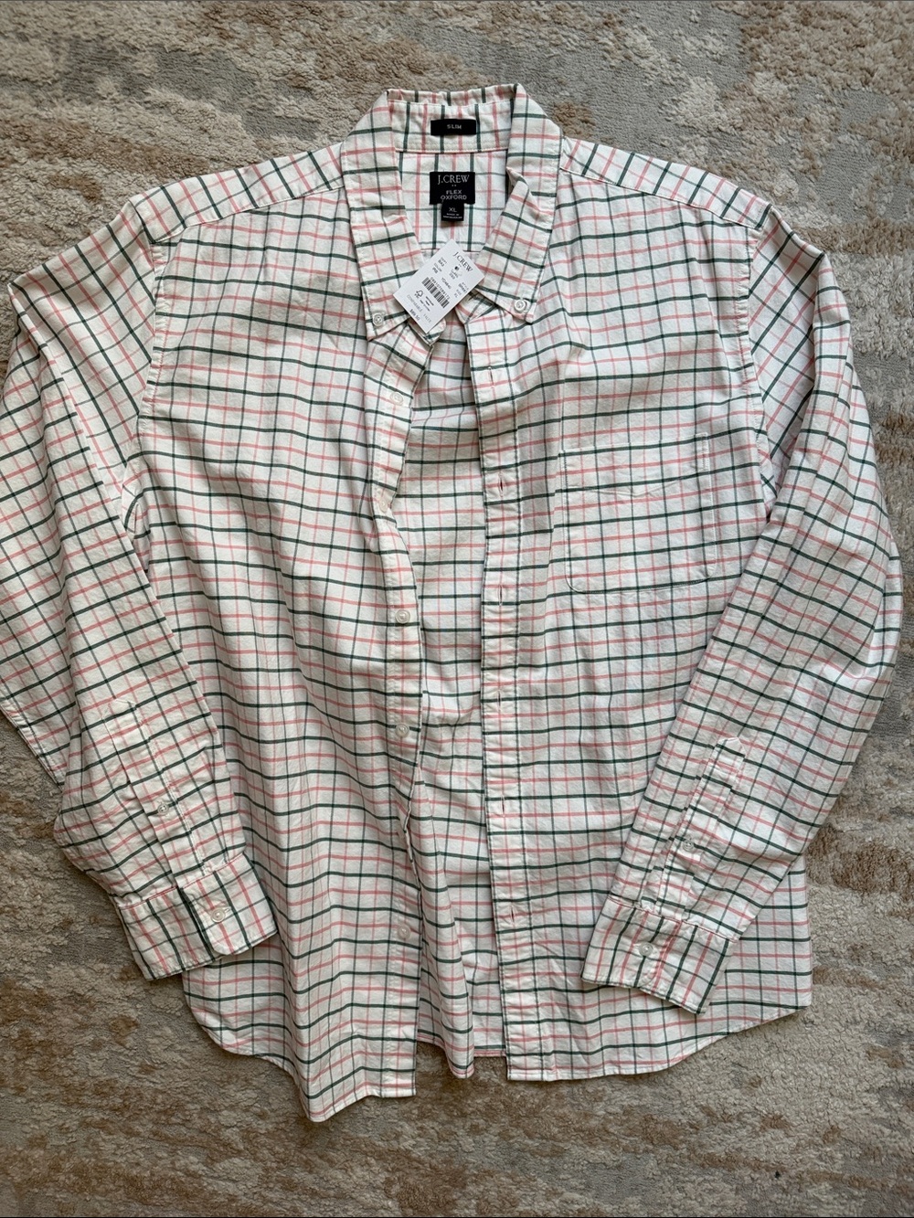 J.Crew Men's Long-Sleeve Plaid Button-Down Oxford Shirt - White, Red & Green